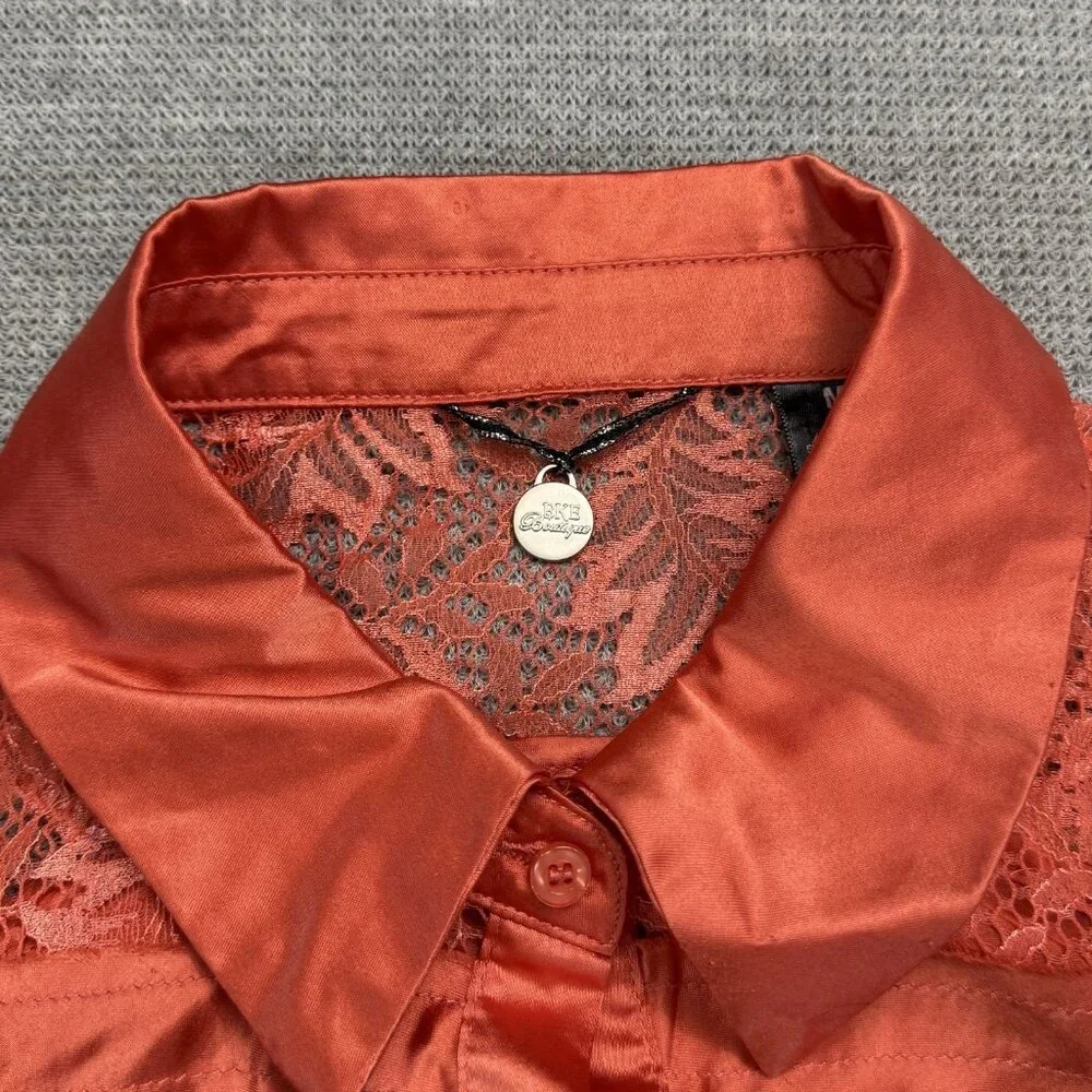 BKE Boutique Sheer Blouse Womens Sz Medium Stripe Lace Long Sleeve Coral Orange - Picture 9 of 15